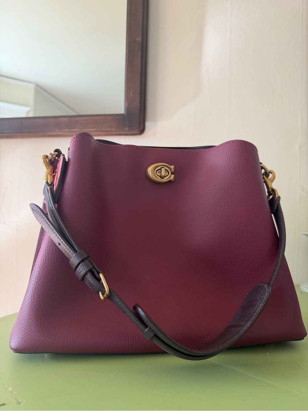 Coach Pebble Leather Shoulder Bag in Burgundy with Dark Brown Strap